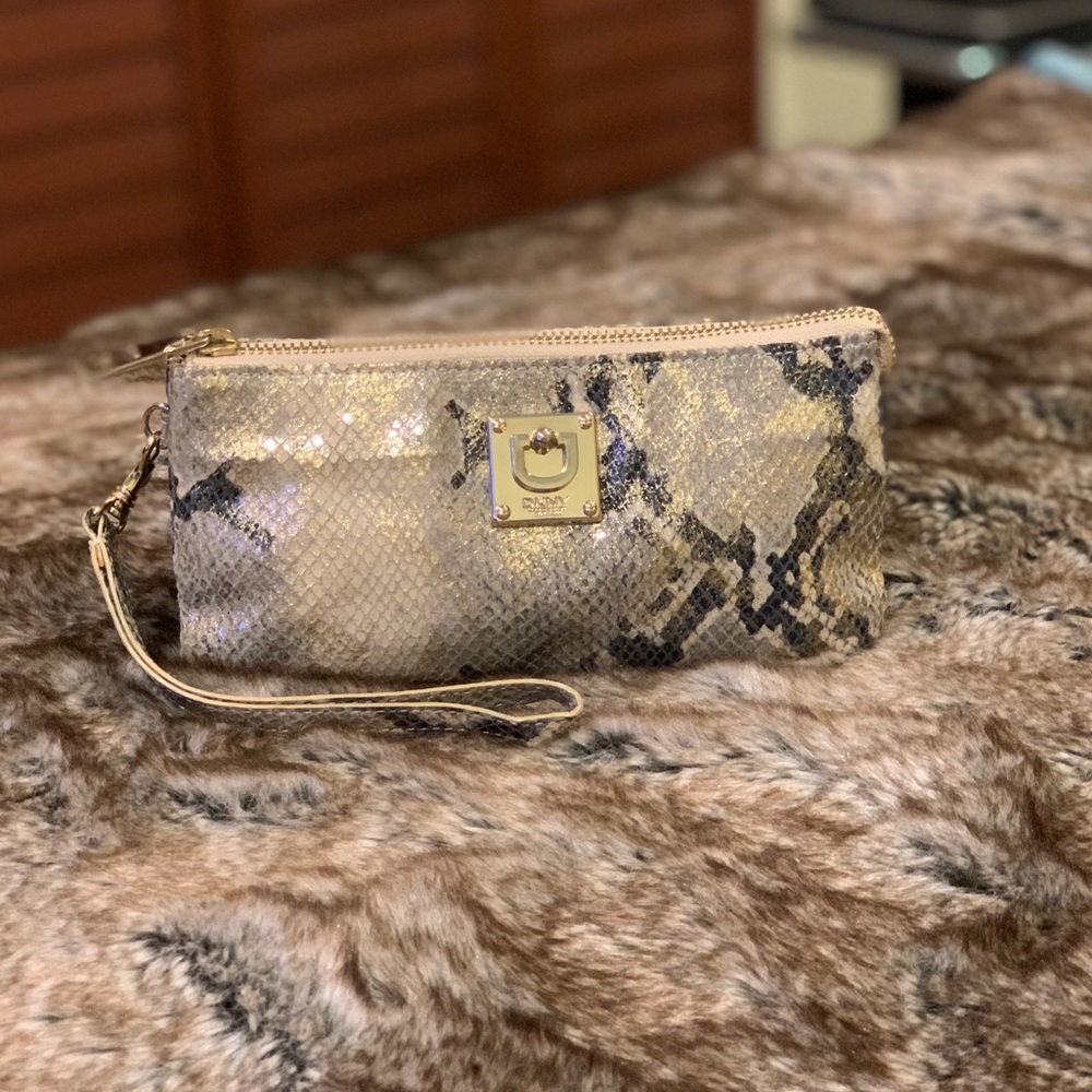DKNY Metallic Snakeskin Leather Wristlet